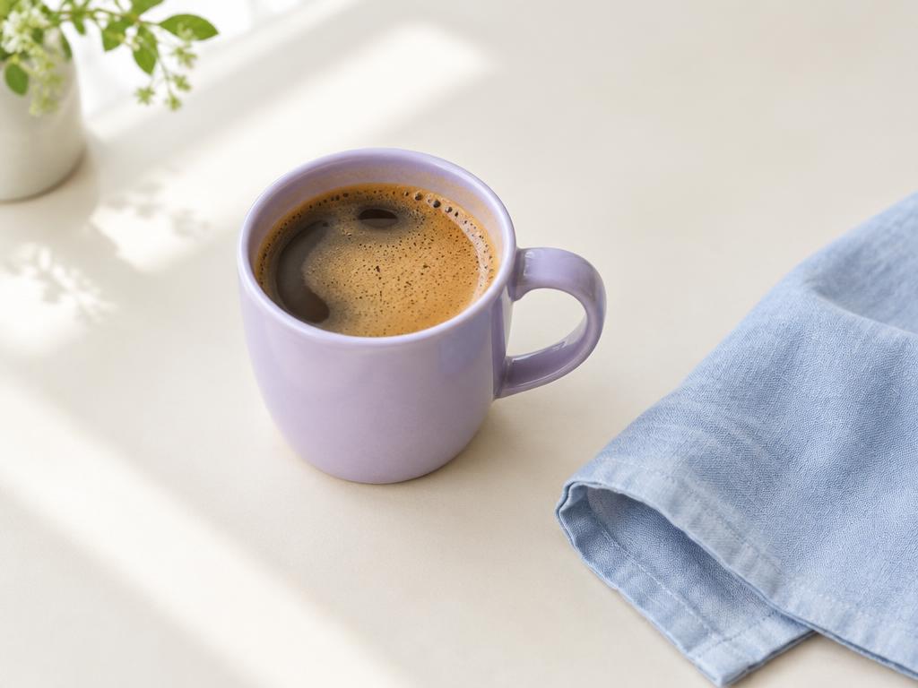 A lavender coffee cup beside a soft blue napkin